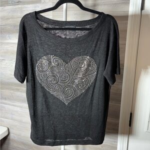 Nally & Millie Black Short-Sleeve Top with Silver Rhinestone Heart 1076